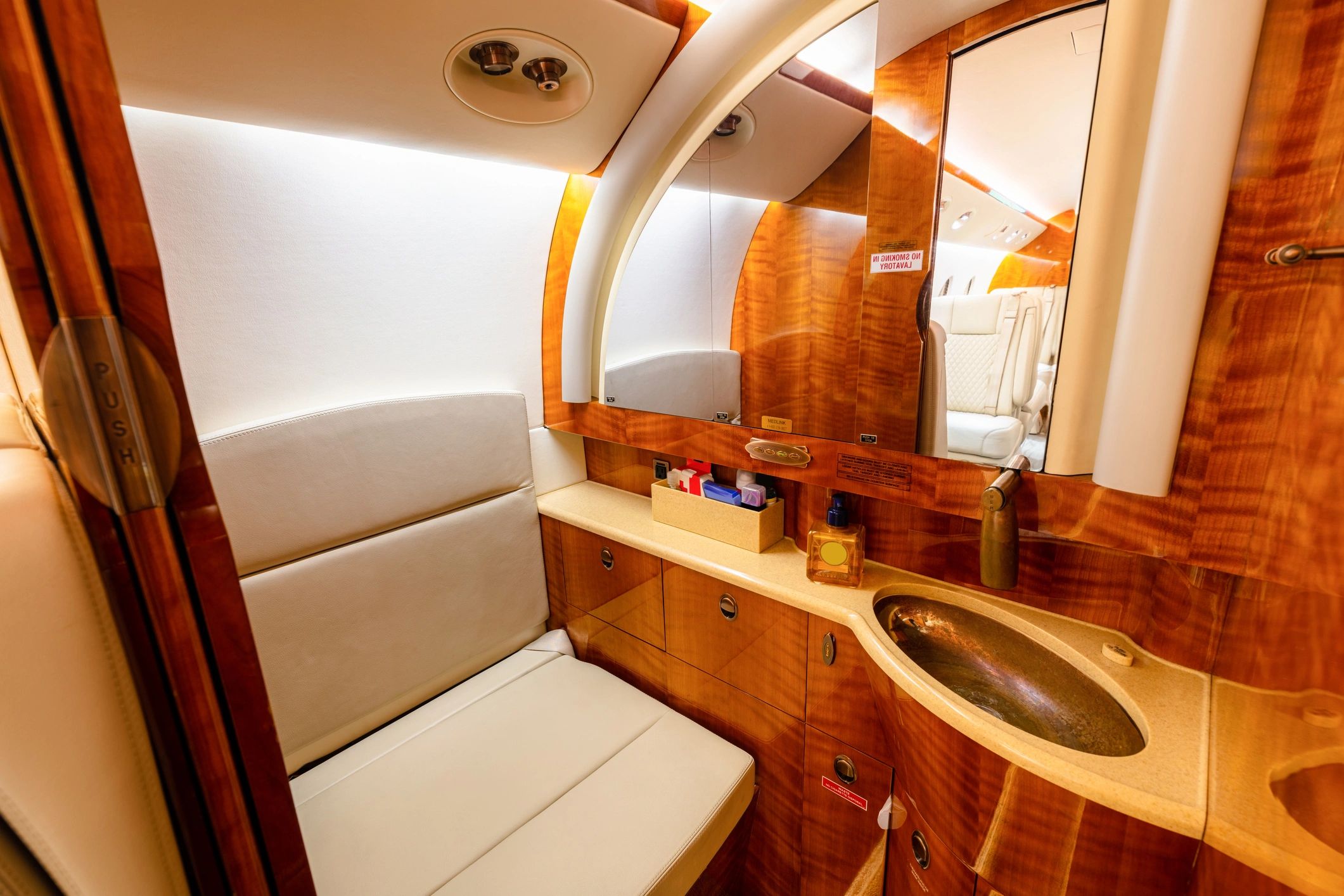 Marine-style upholstered seating and interior finishes