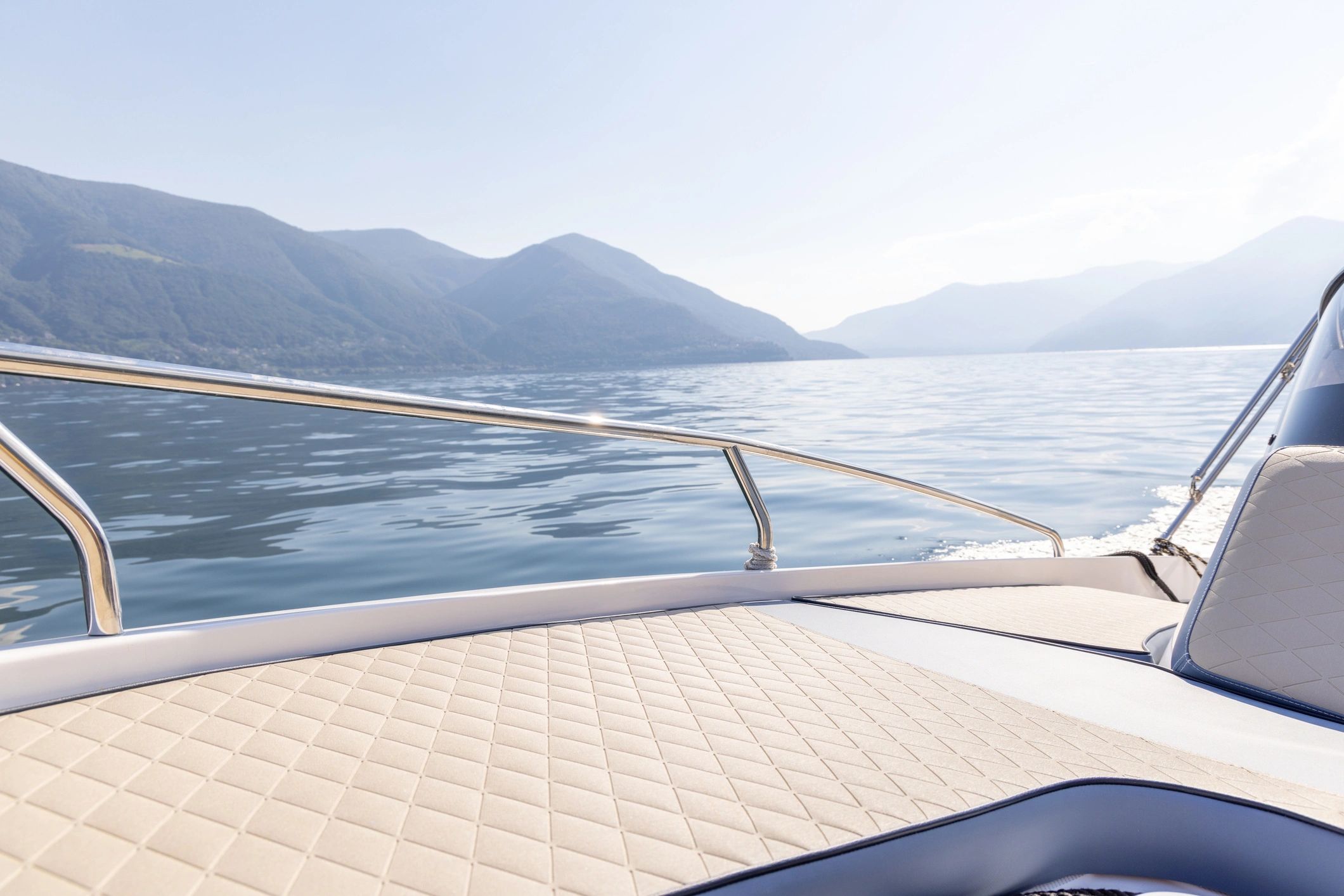 Boat interior seating area on the water