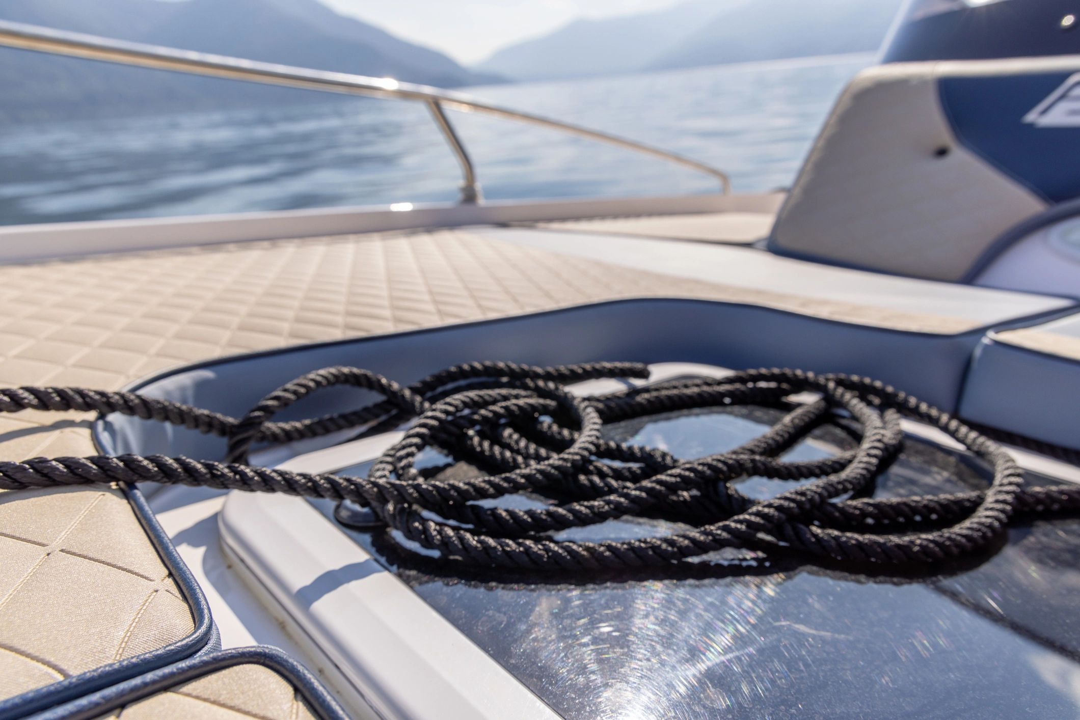 Boat deck detail representing protective boat cover craftsmanship