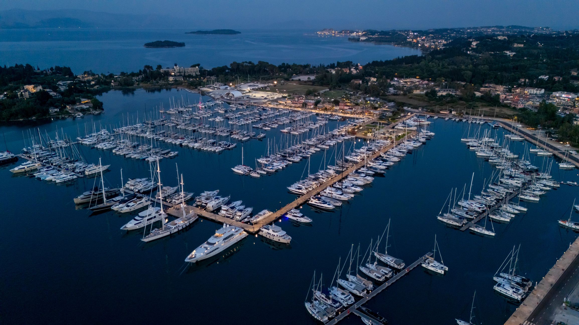 Marina with serviced boats docked in slips